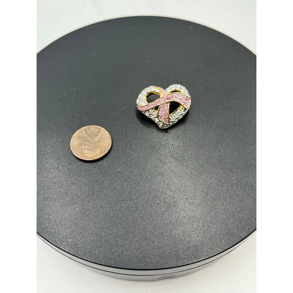 Swarovski Signed SWAN Goldtone Crystals Breast Cancer Ribbon Hope & Heart Brooch - Picture 4 of 6